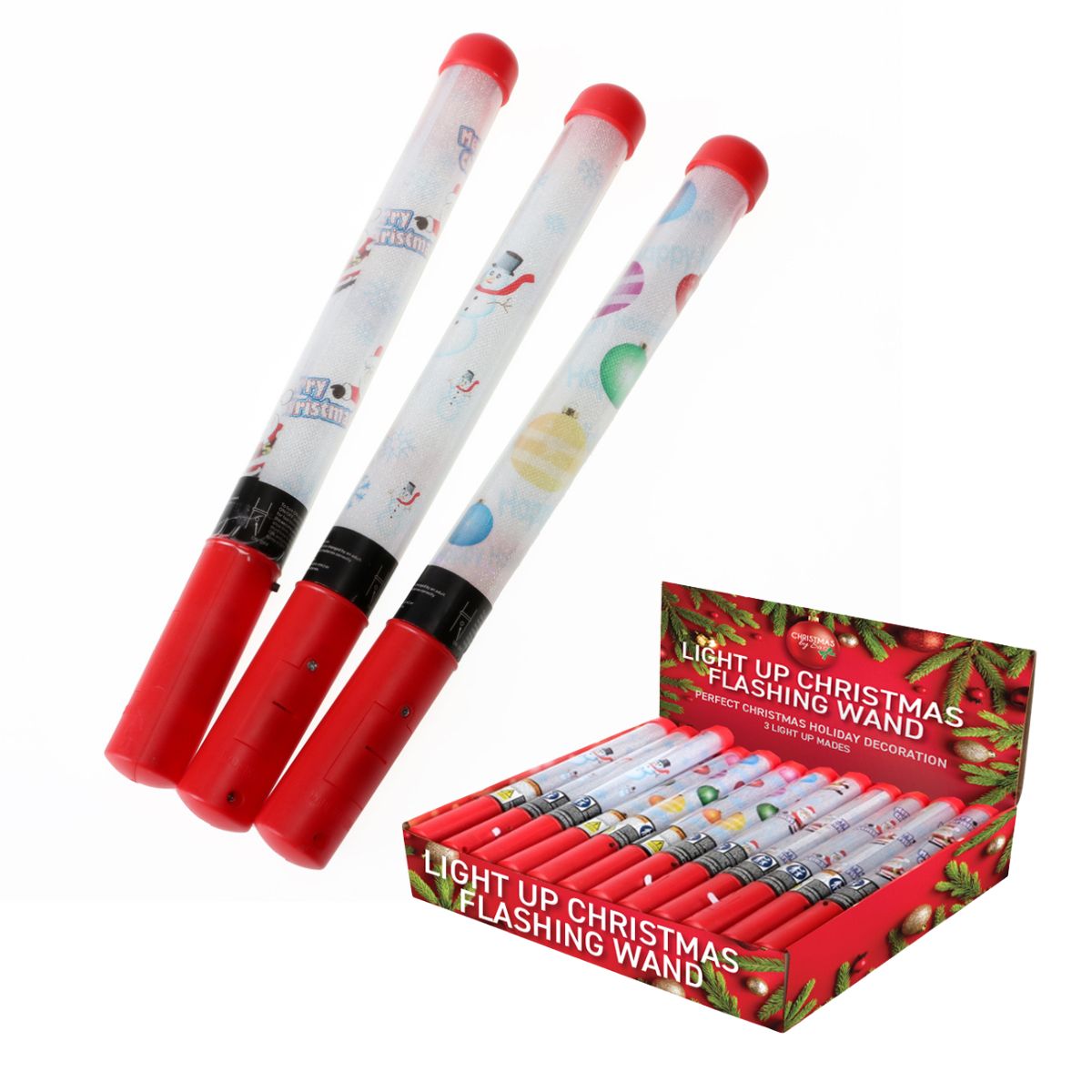 Toy Wand LED 2.5cm x 31cm Christmas 3 Assorted Designs Colour Changing 3 X AG13 (included) 3 Light Up