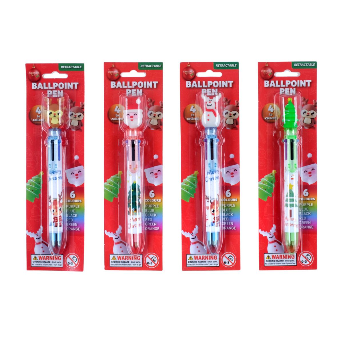 Ballpoint Pen 6-Colour Changing Christmas 4 Assorted Designs Christmas Tree Santa Reindeer & Reindeer