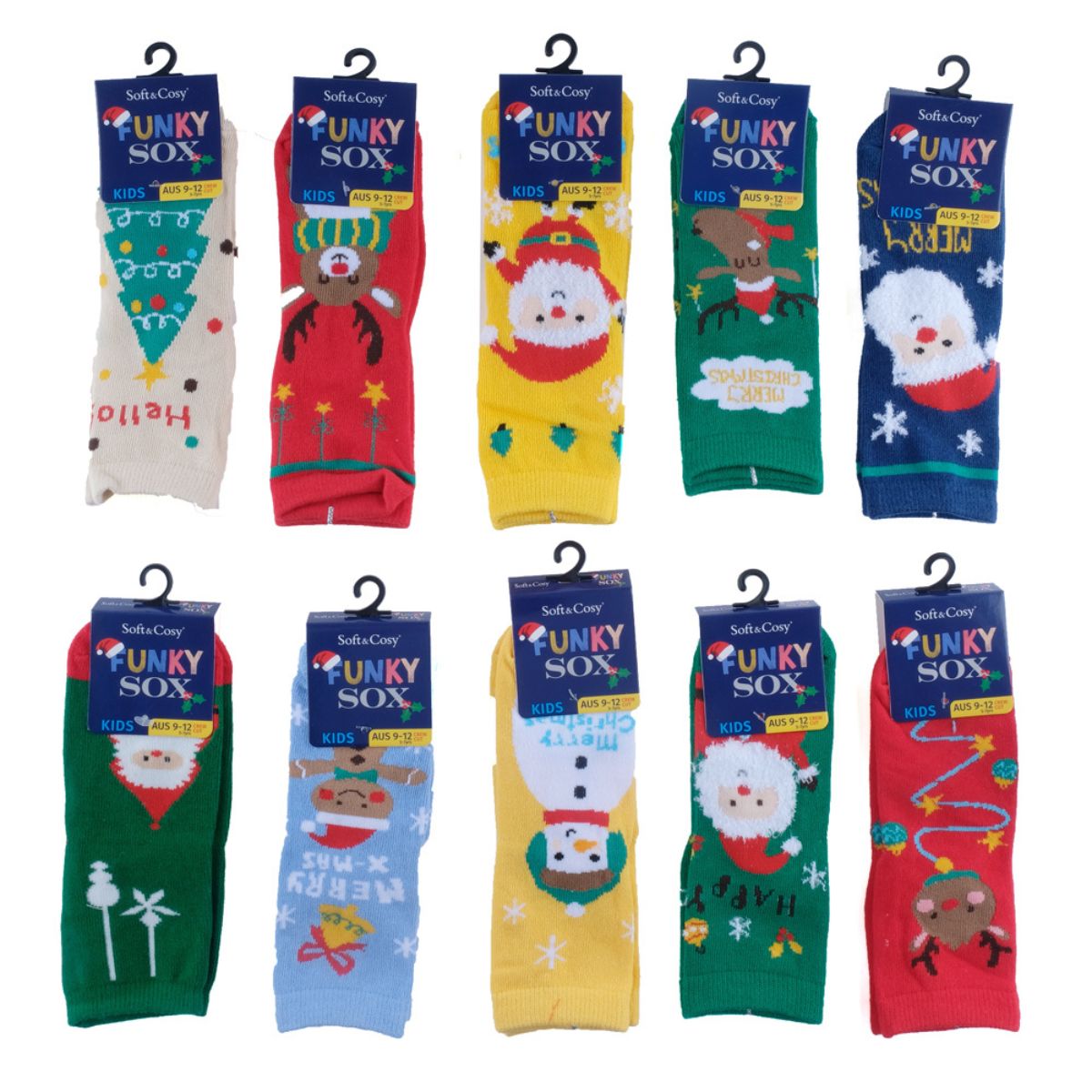 Socks Kids Funky Christmas Crew Cut 15 Assorted Designs 2 Assorted Sizes: Aus 9-12 (5-7yrs) & Aus 13-3