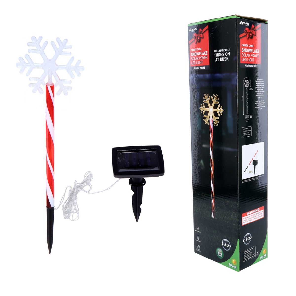 Stake Light Solar Snowflake with Candy Striped Pole 5 LED 11.8cm x 10.4cm x 45cm Warm White 2 Functions