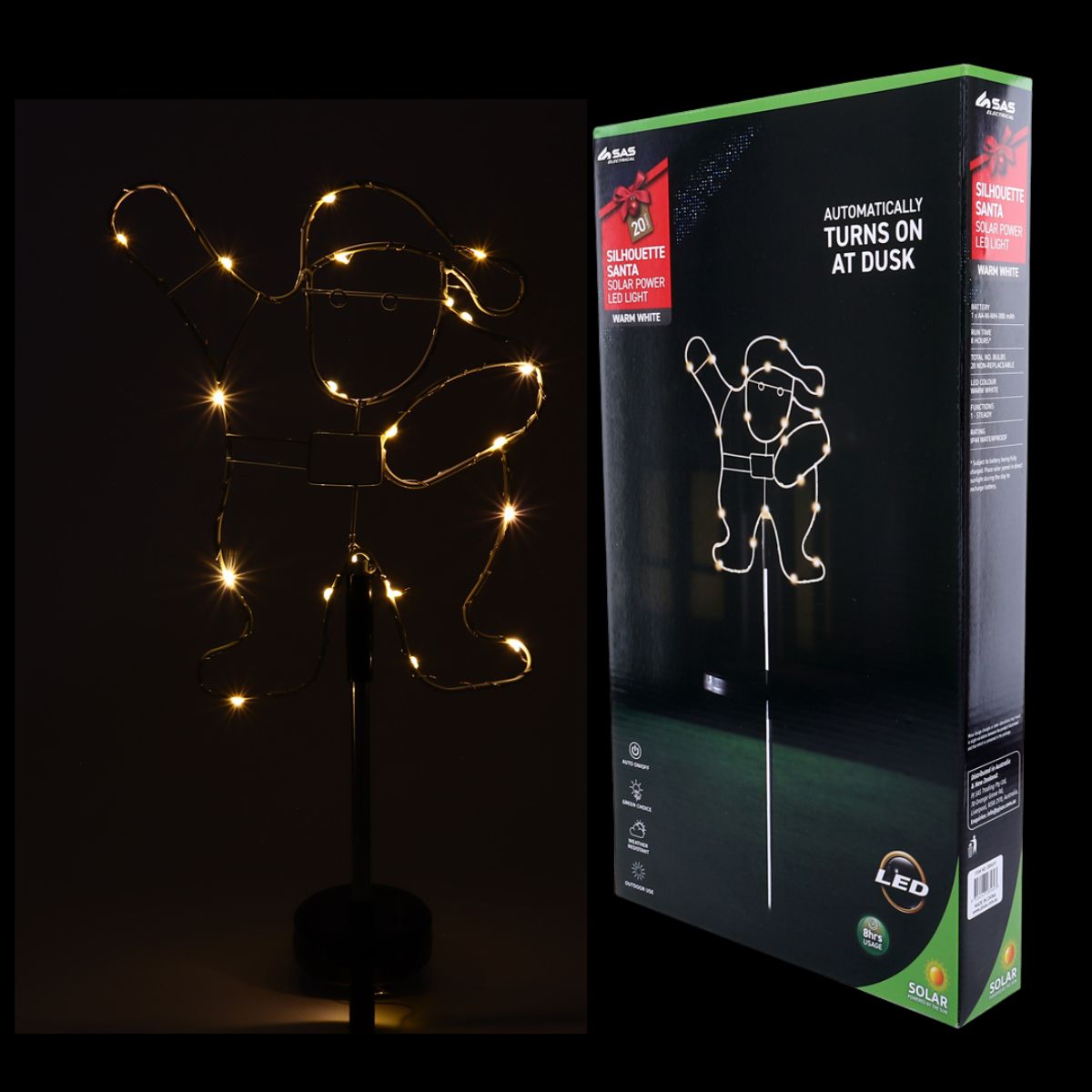 Christmas Stake Light Solar Silhouette Santa 20 LED 20cm x 25cm x 70cm Warm White 1 Functions