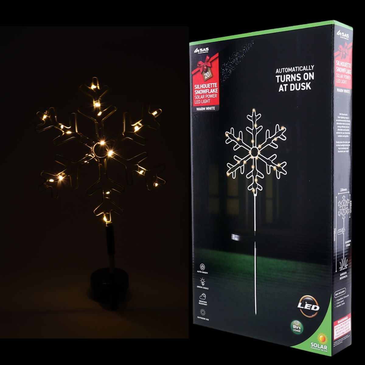 Stake Light Solar Silhouette Snowflake 20 LED 22cm x 22cm x 70cm Warm White 1 Functions