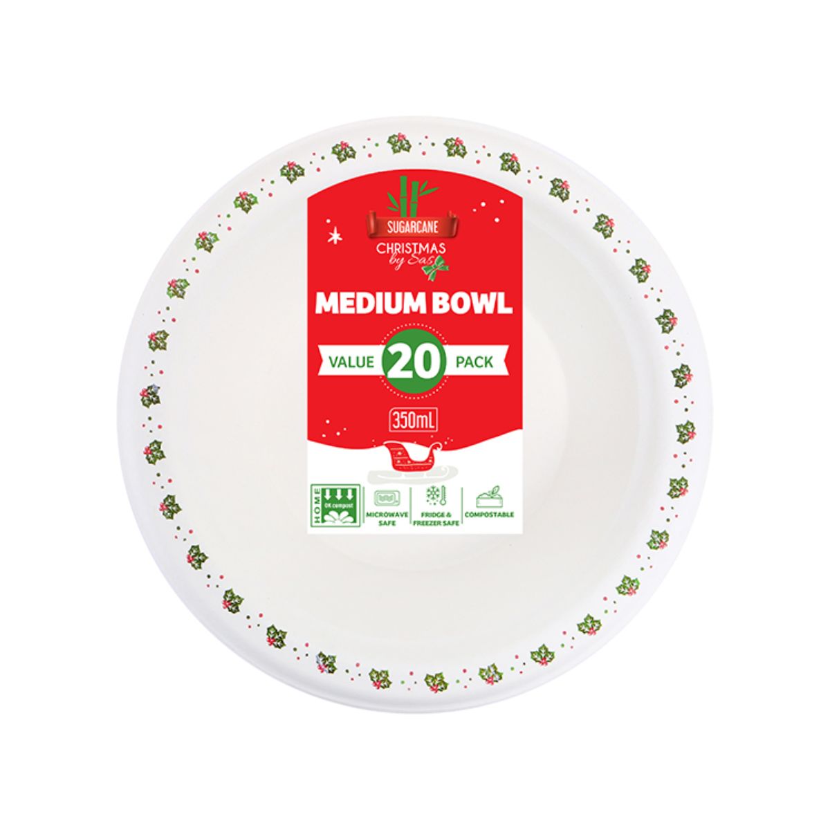 Sugarcane Bagasse Christmas Round Bowls 20 Pack 350mL Holly Print