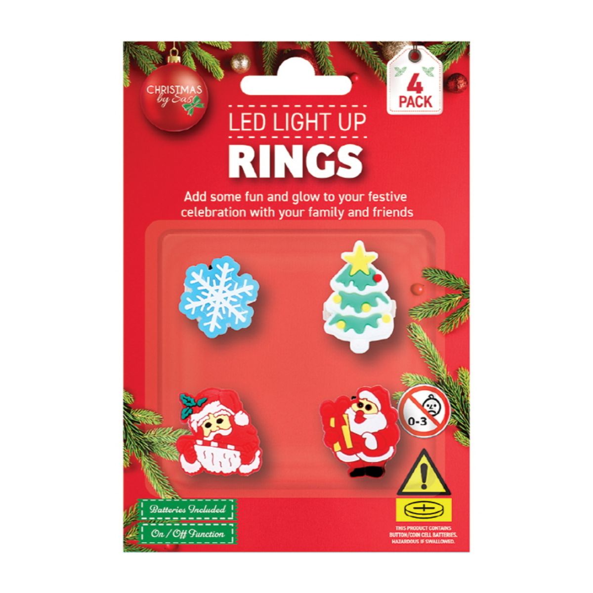 LED Light Up Rings Christmas 4 Pack 4 Assorted Requires 2xAG Batteries (included)