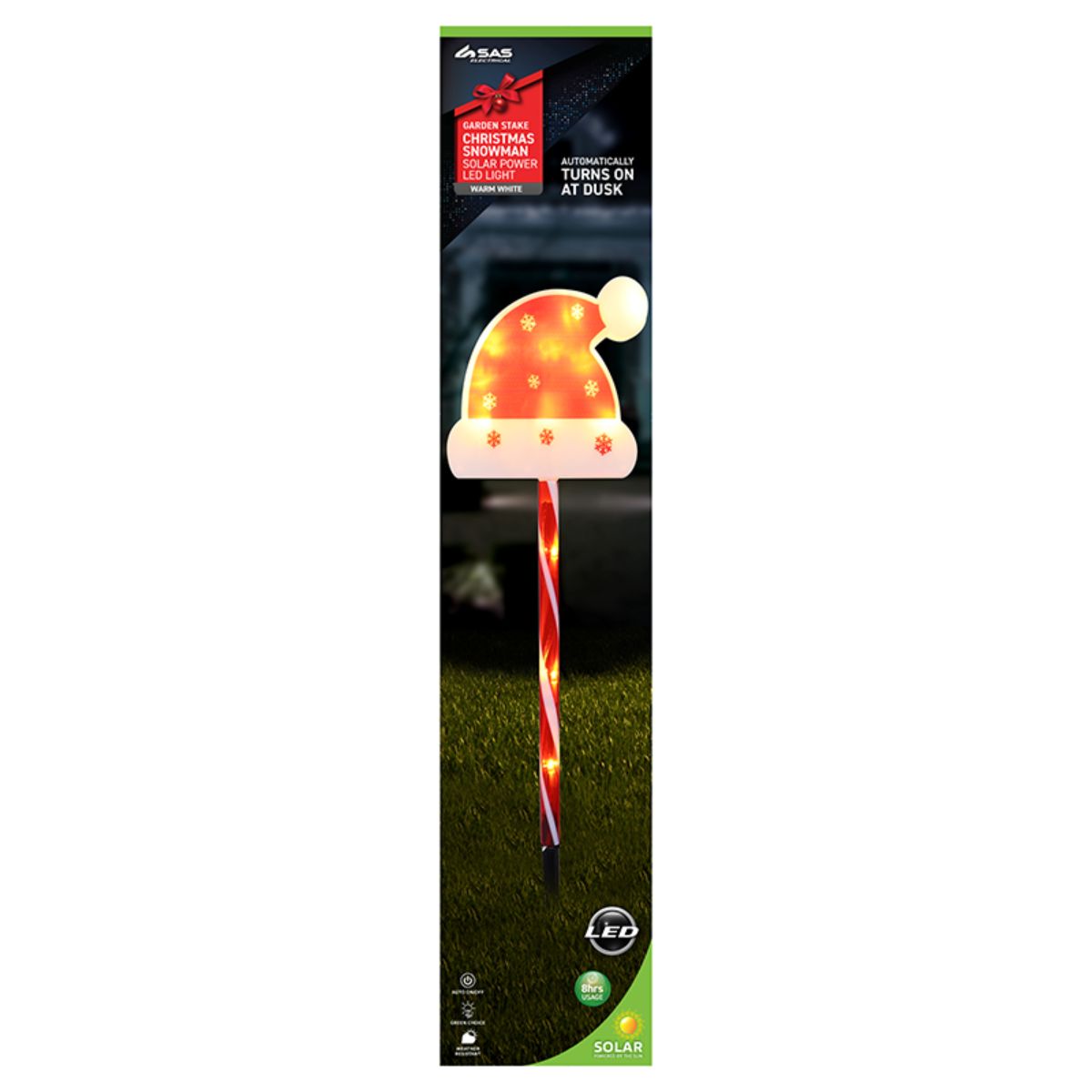 Stake Light Solar Christmas Hat with Candy Stripe Stake 12 LED 16cm x 13cm x 50cm Warm White 2 Functions