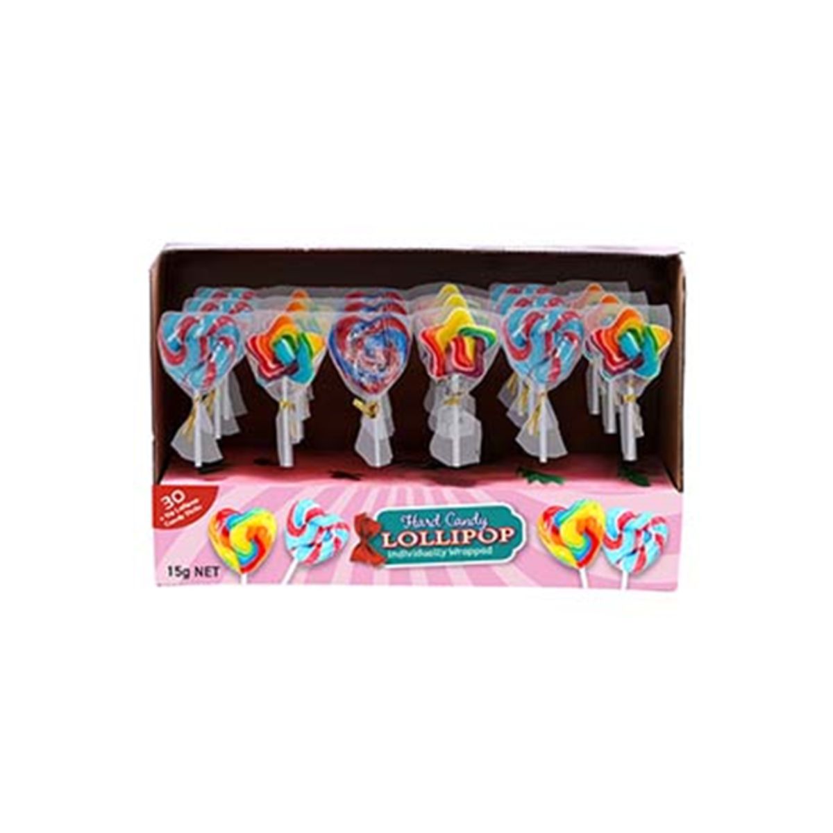 Candy Lollipops Christmas Stars & Hearts 30 Pack 15g Each Rainbow Heart - Tutti Fruitti Red/white Heart