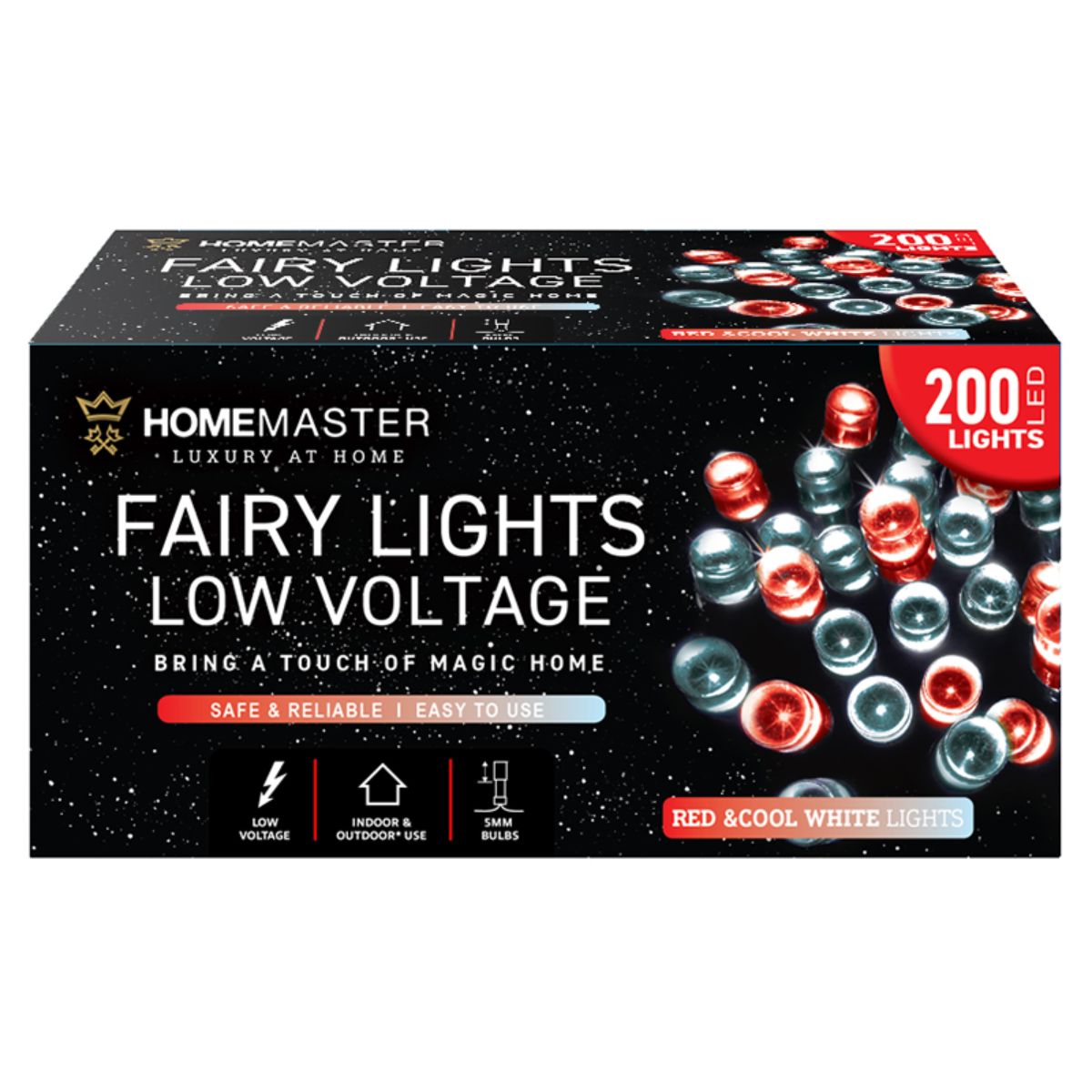 Fairy Light Low Voltage 200 LED 13.5m Total Length Red & Cool White 8 Function