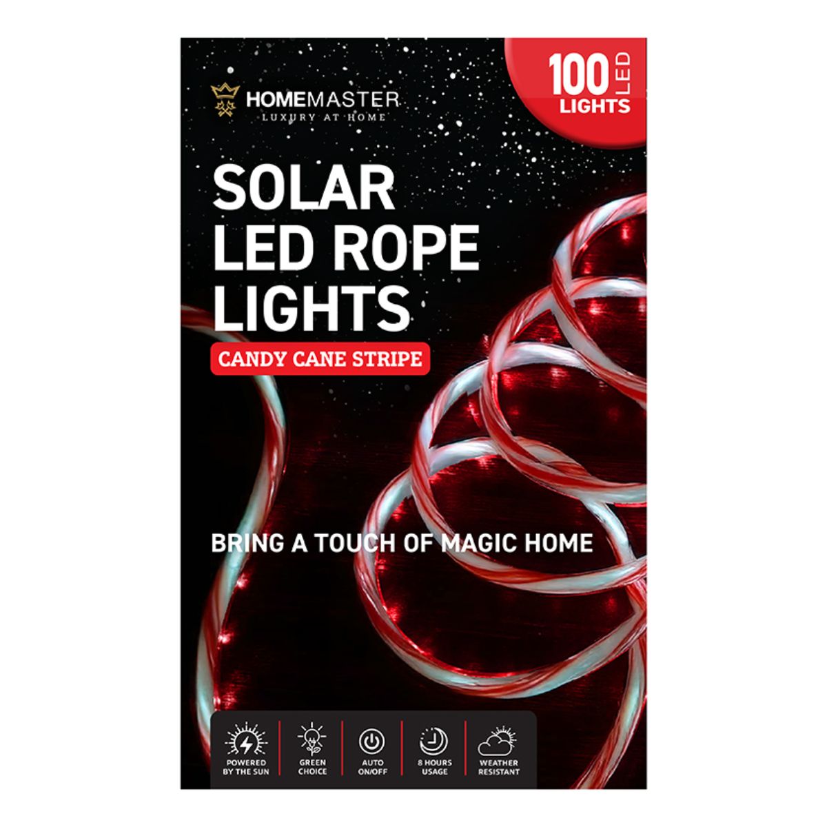 Christmas Rope Light Solar 100 LED 12m Total Length Candy Cane Cool White 8 Functions