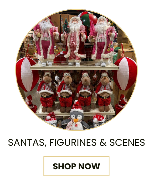 A circular product display showing multiple Christmas Santa-themed decorations, including Santa figurines, plush toys, and a small holiday scene, with the text 'SANTAS, FIGURINES & SCENES' and a 'SHOP NOW' button below on a white background.