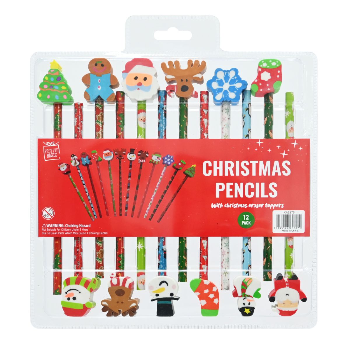 Christmas Pencils/erasers Set 12 Piece