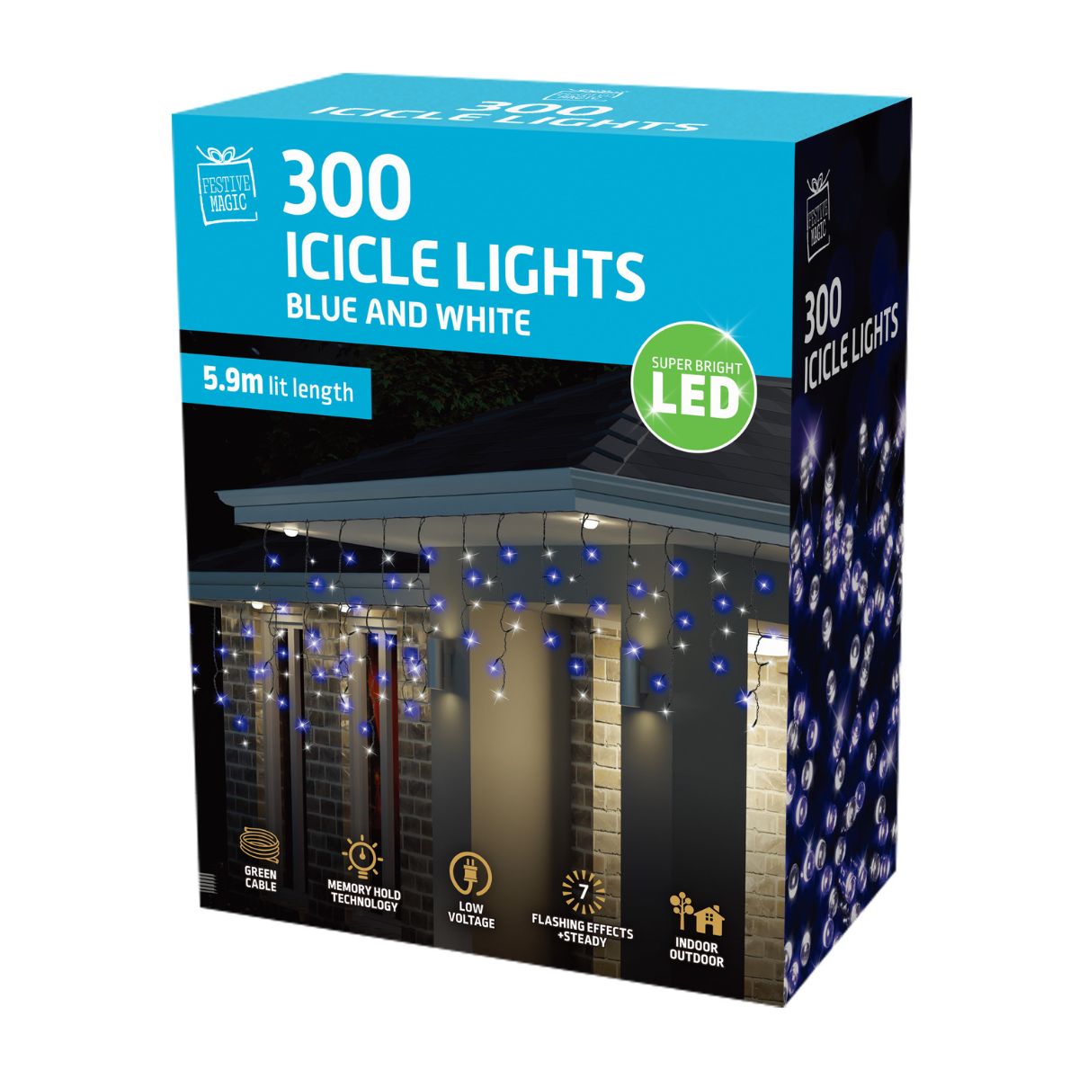 LED Icicles Flashing 300 Blue-White