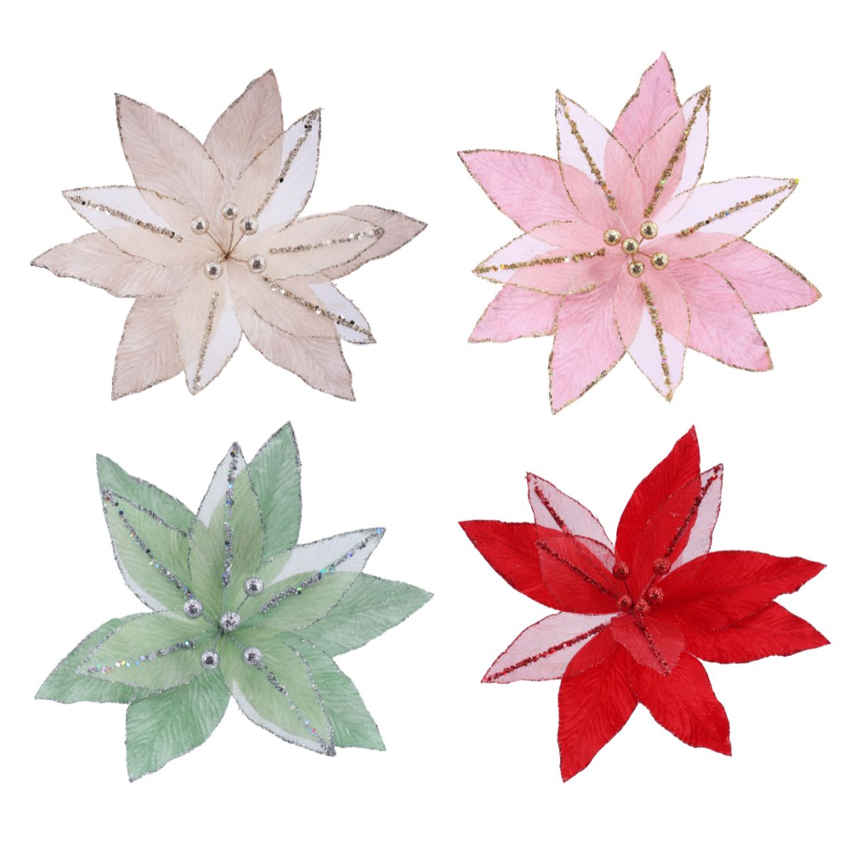 Christmas Velvet Sheer Poinsettia Clip Asst1