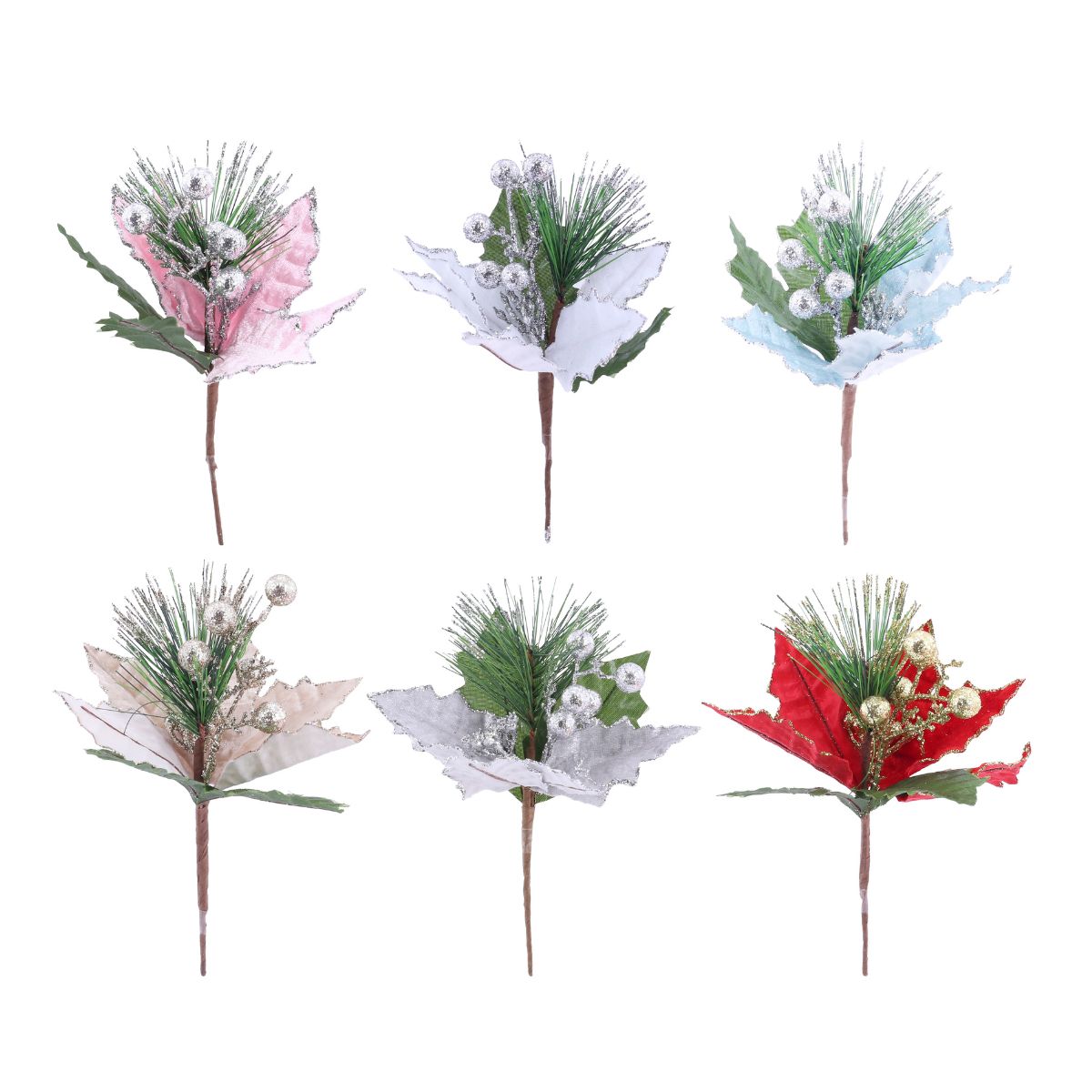 Christmas Poinsettia Pine Pick 19cm Assorted