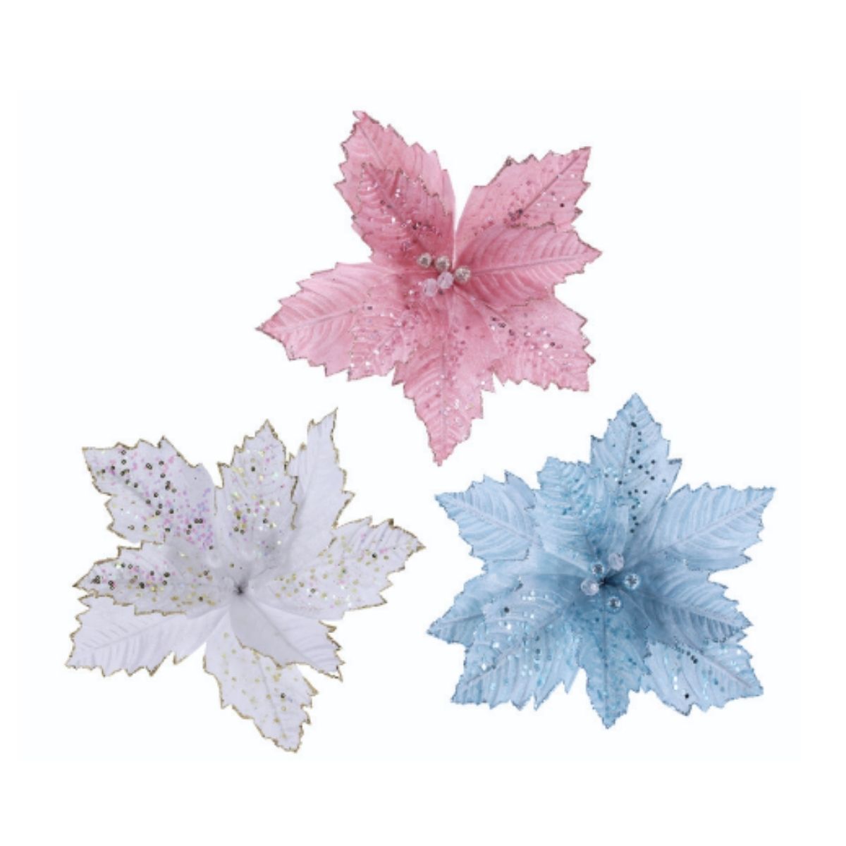 Christmas Iridescent Sequins Poinsettia Stem Assorted