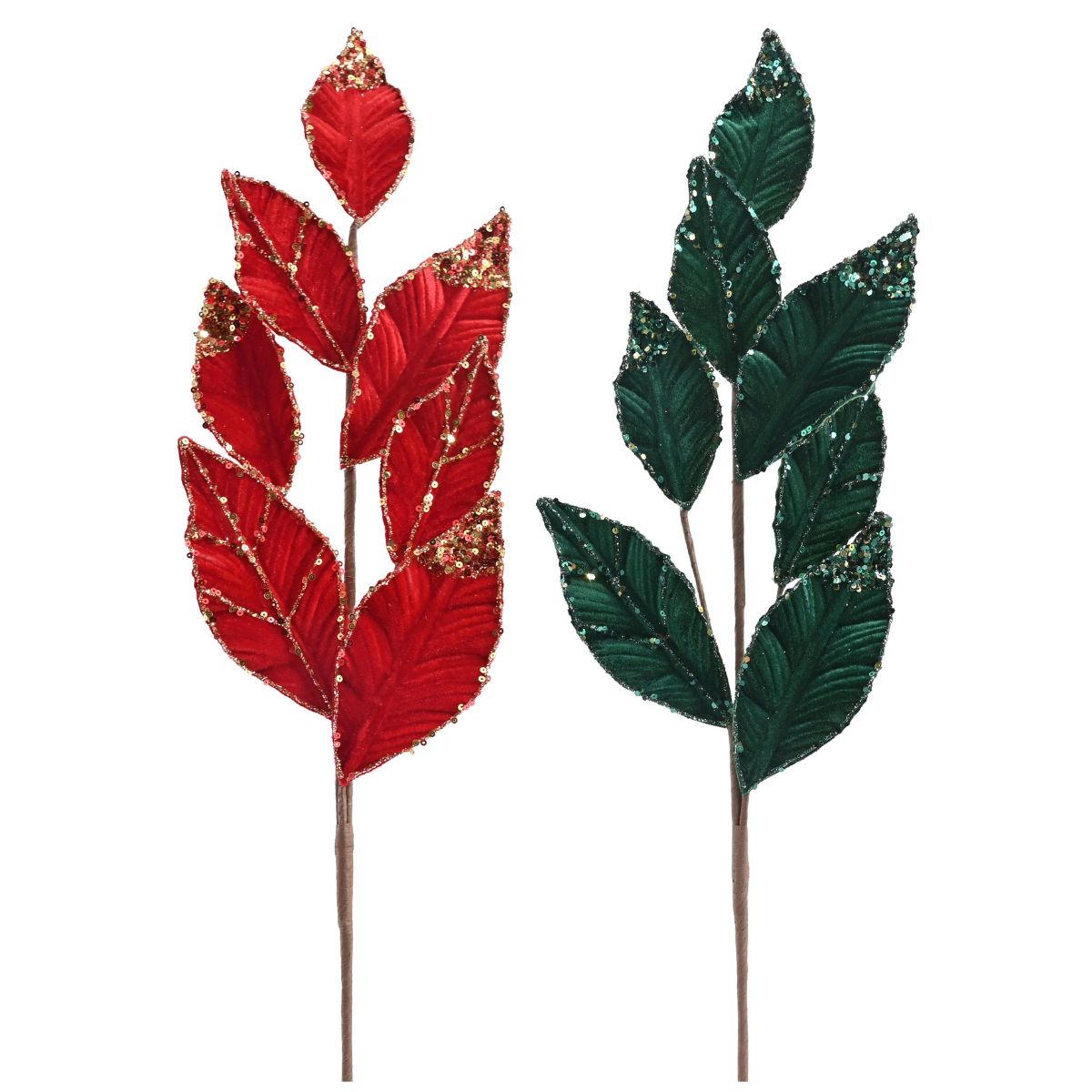 Christmas Velvet Glitter Leaf Pick 72cm Assorted - affordable Luxe Heritage Christmas decoration NZ