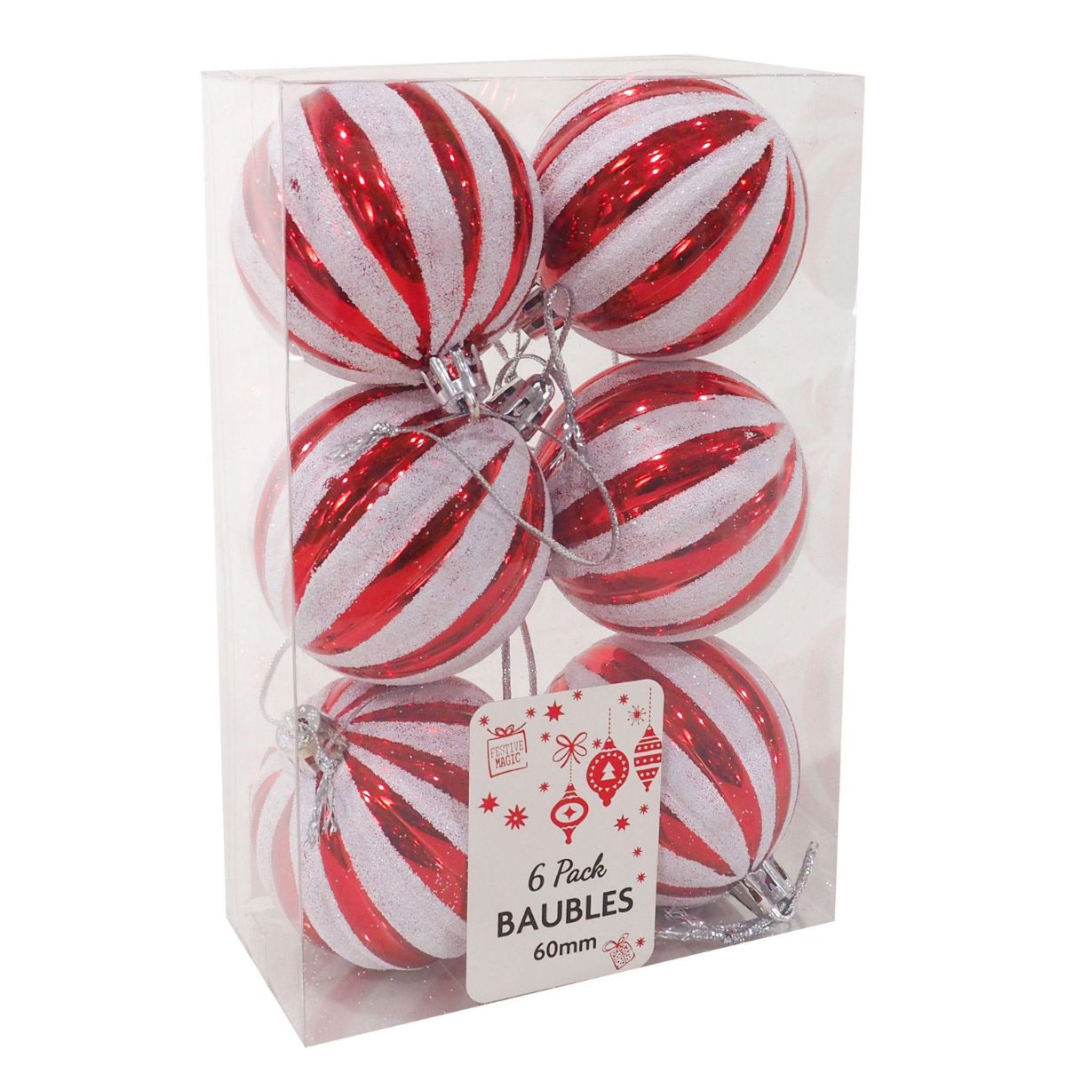Christmas Candy Cane Ribbed Baubles 60mm 6pk - Candy Cane Lane Christmas decoration