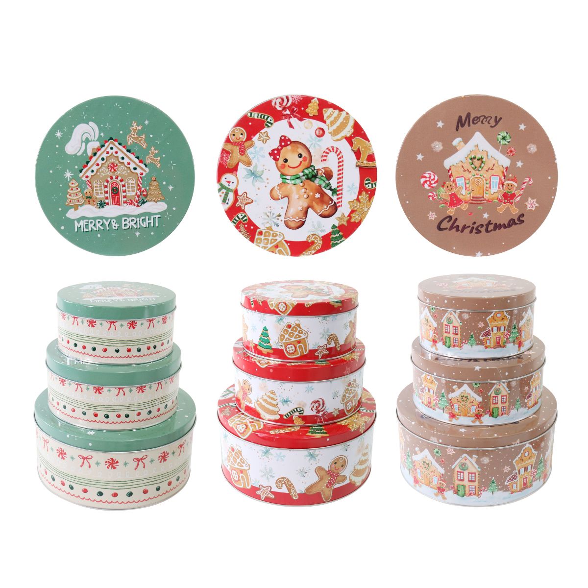 Christmas Cookie Tin 3 Piece Set Gingerbread Assorted