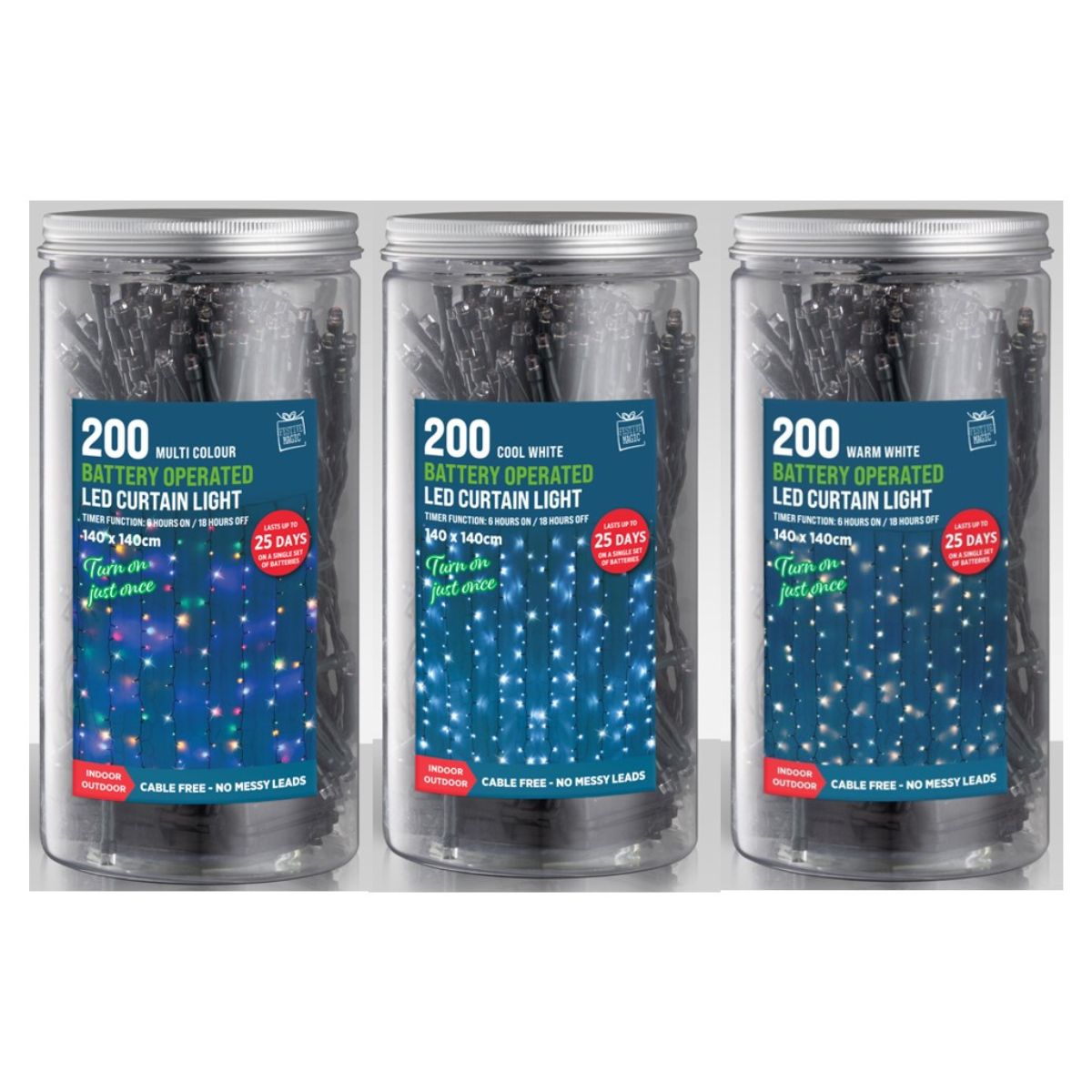 Timer LED Curtain Lights 200 B/op in Jar Assorted