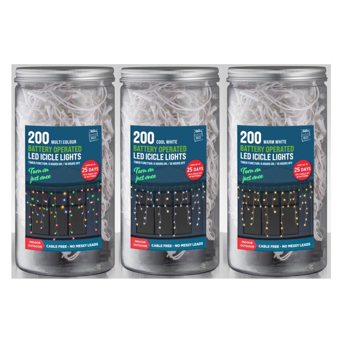 Timer LED Icicle Lights 200 B/op in Jar Assorted