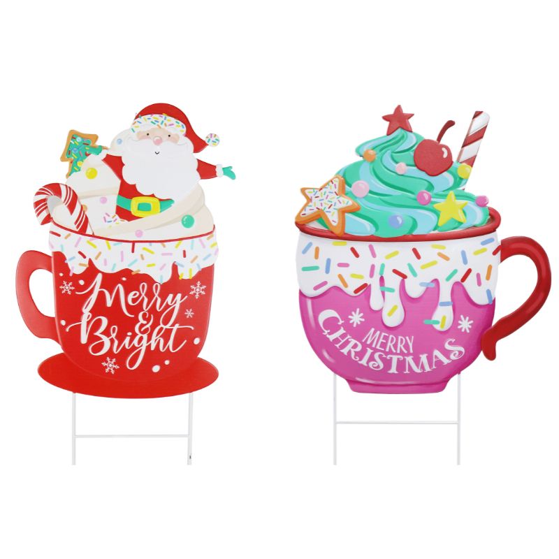 Christmas Metal Candy Santa/cup Cake Yard Sign Assorted