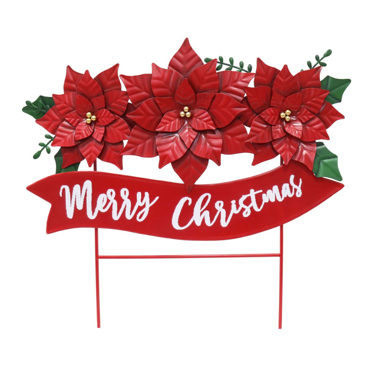 Metal Poinsettia Merry Christmas Yard Sign
