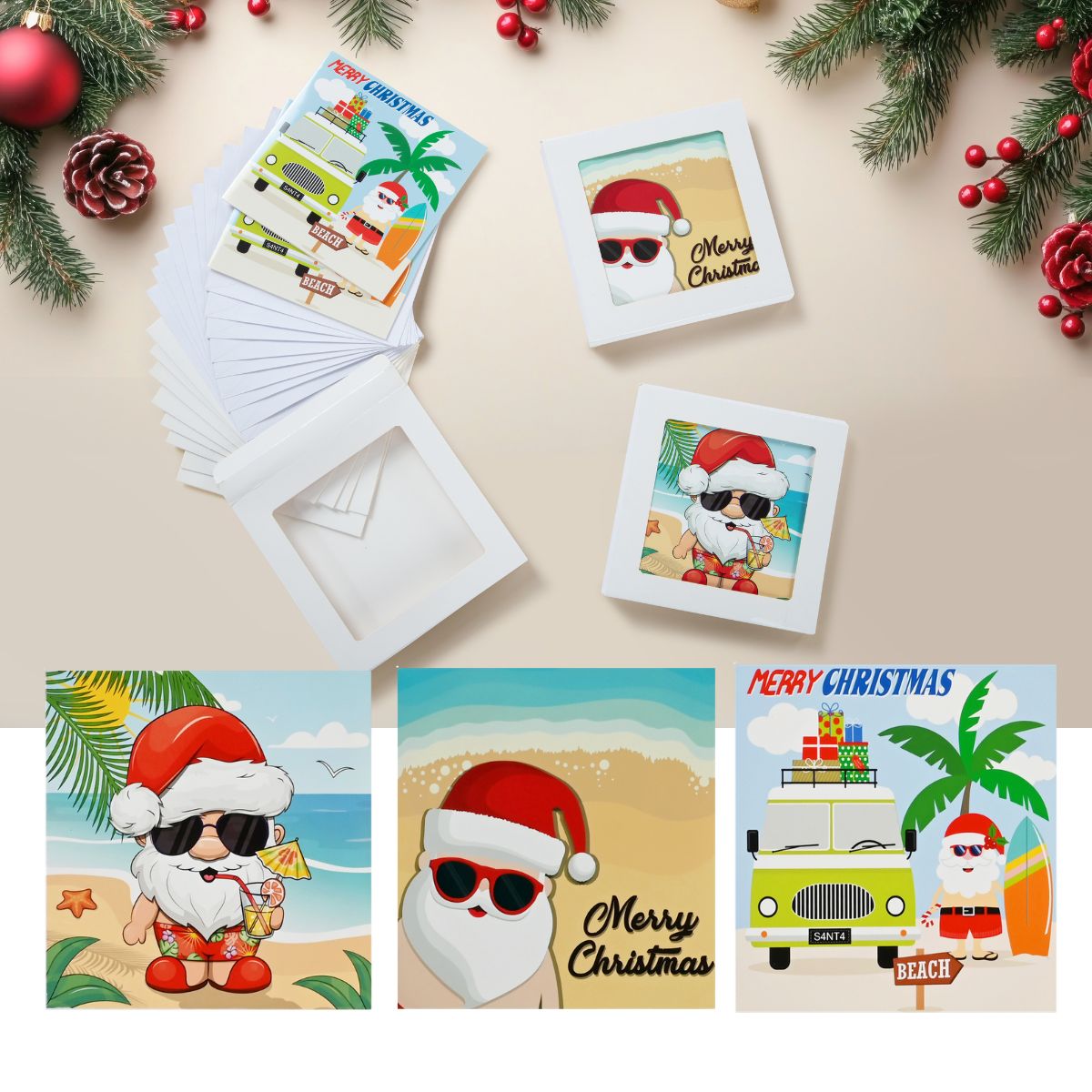Christmas Cards Summer Santa Square 6pk