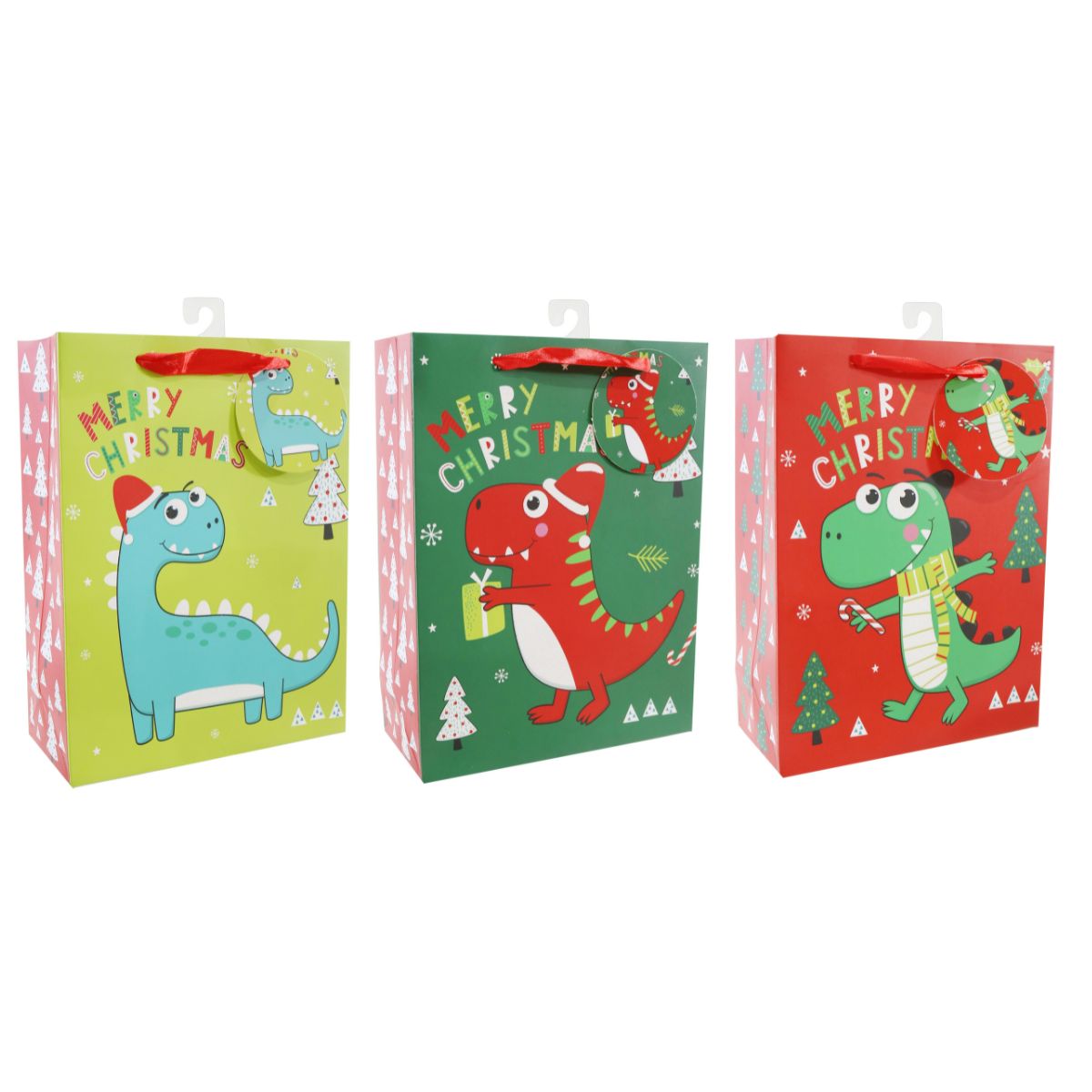Christmas Giftbag Lge Dinosaurs Glitter Assorted