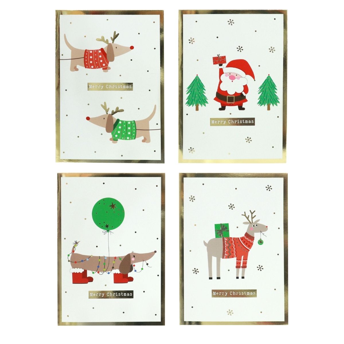 Christmas Cards Cartoon Gold Frame Foiled 6pk - affordable Christmas decoration NZ
