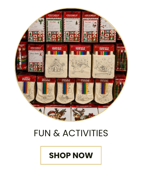 A circular product collage showing Christmas-themed stationery items including letter to Santa cards, coloring pages, and stockings, with the text 'FUN & ACTIVITIES' and a 'SHOP NOW' button below on a white background.