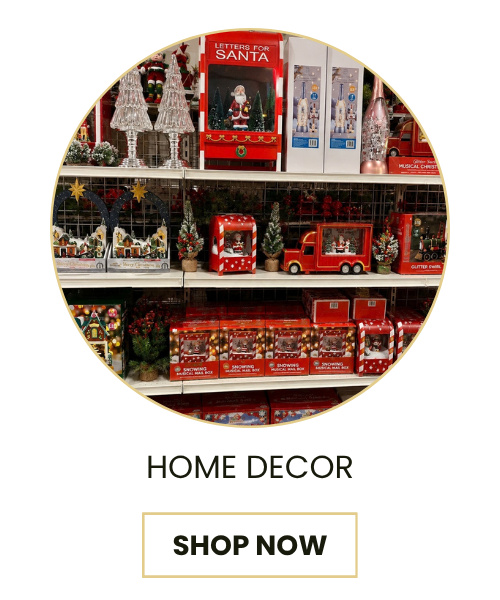 A circular inset photo showing shelves stocked with Christmas home decor items, including Santa-themed ornaments, miniature trees, and red holiday vehicles, with the text 'HOME DECOR' and a 'SHOP NOW' button below on a white background.