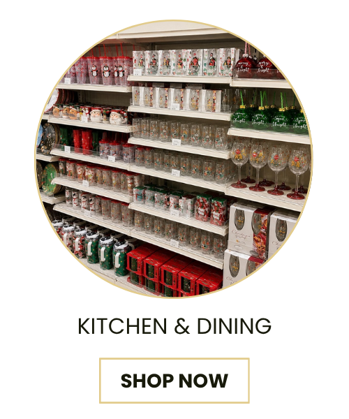 A circular inset photo showing shelves stocked with glassware and kitchenware, with the text 'KITCHEN & DINING' and a 'SHOP NOW' button below on a white background.
