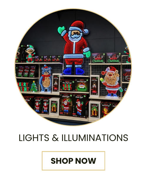 A circular product display showing various Christmas lights and illuminated decorations, including a large Santa Claus figure, smaller holiday lights, and packaged lights on shelves. Text below reads 'LIGHTS & ILLUMINATIONS' with a 'SHOP NOW' button.